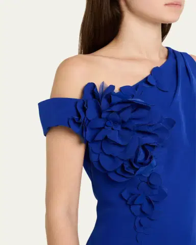 Rickie Freeman for Teri Jon One-Shoulder Floral Applique Crepe Mermaid Gown | Thumbnail 5
