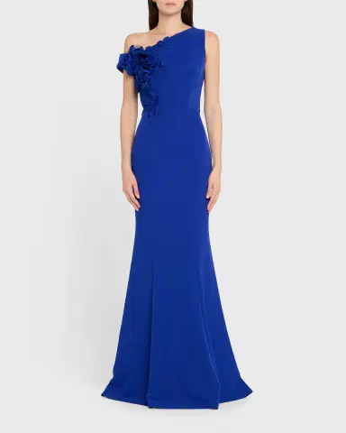 Rickie Freeman for Teri Jon One-Shoulder Floral Applique Crepe Mermaid Gown | Thumbnail 6