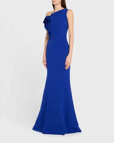 Rickie Freeman for Teri Jon One-Shoulder Floral Applique Crepe Mermaid Gown | Thumbnail 8