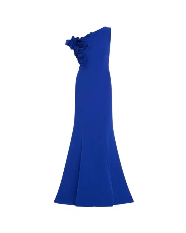 One-Shoulder Floral Applique Crepe Mermaid Gown