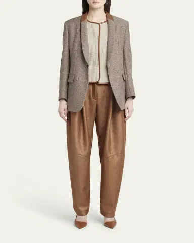 Giorgio Armani Chevron Wool Single-Breasted Blazer with Leather Trim | Thumbnail 2