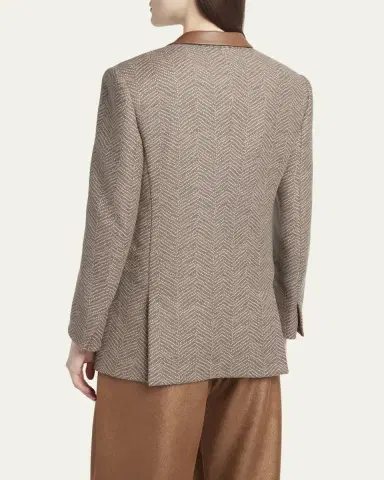 Giorgio Armani Chevron Wool Single-Breasted Blazer with Leather Trim | Thumbnail 3