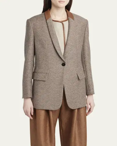 Giorgio Armani Chevron Wool Single-Breasted Blazer with Leather Trim | Thumbnail 4
