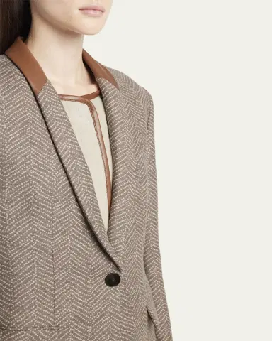 Giorgio Armani Chevron Wool Single-Breasted Blazer with Leather Trim | Thumbnail 5