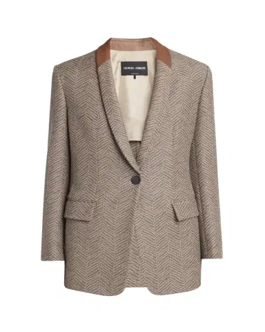 Giorgio Armani Chevron Wool Single-Breasted Blazer with Leather Trim | Thumbnail 1