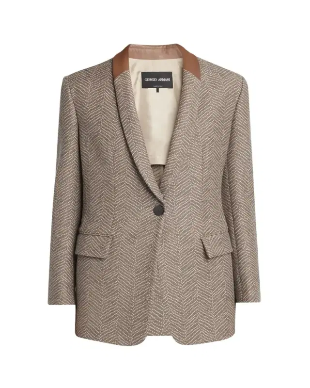 Giorgio Armani Chevron Wool Single-Breasted Blazer with Leather Trim
