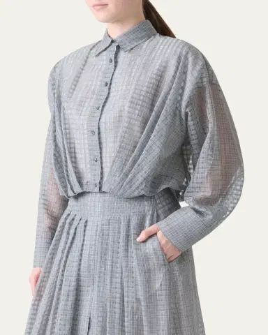 Akris Plaid Cotton Voile Blouse with Pleated Waist | Thumbnail 4 Akris Plaid Cotton Voile Blouse with Pleated Waist | Thumbnail 4