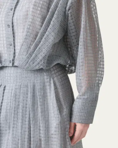 Akris Plaid Cotton Voile Blouse with Pleated Waist | Thumbnail 5 Akris Plaid Cotton Voile Blouse with Pleated Waist | Thumbnail 5