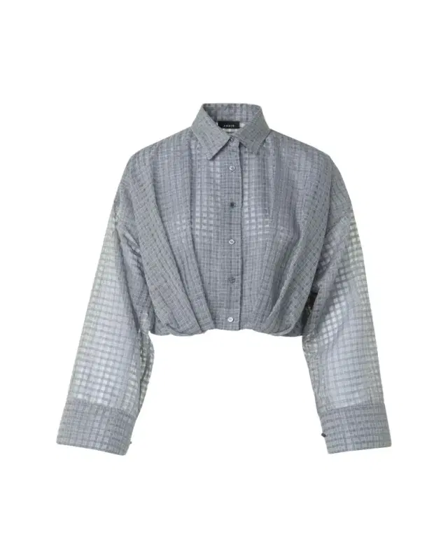 Akris Plaid Cotton Voile Blouse with Pleated Waist