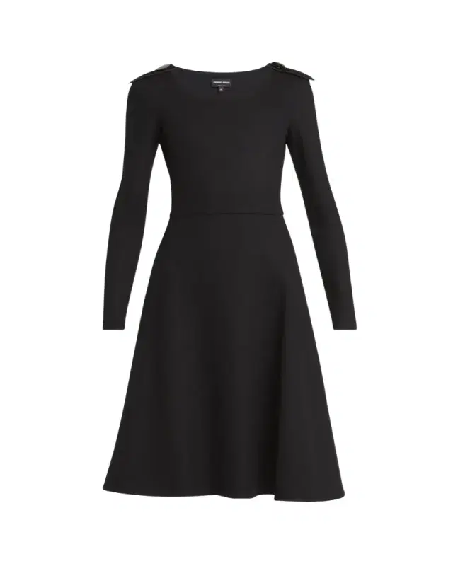 Shoulder-Epaulet Long-Sleeve Jersey Wool Midi Dress