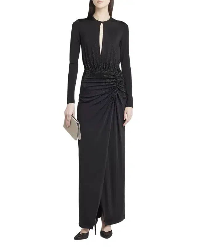 Giorgio Armani Keyhole Long-Sleeve Crystal Draped Jersey Gown