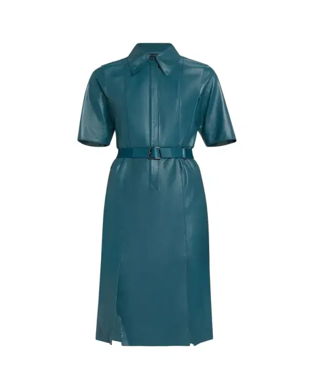Akris Short-Sleeve Nappa Leather Belted Shirtdress