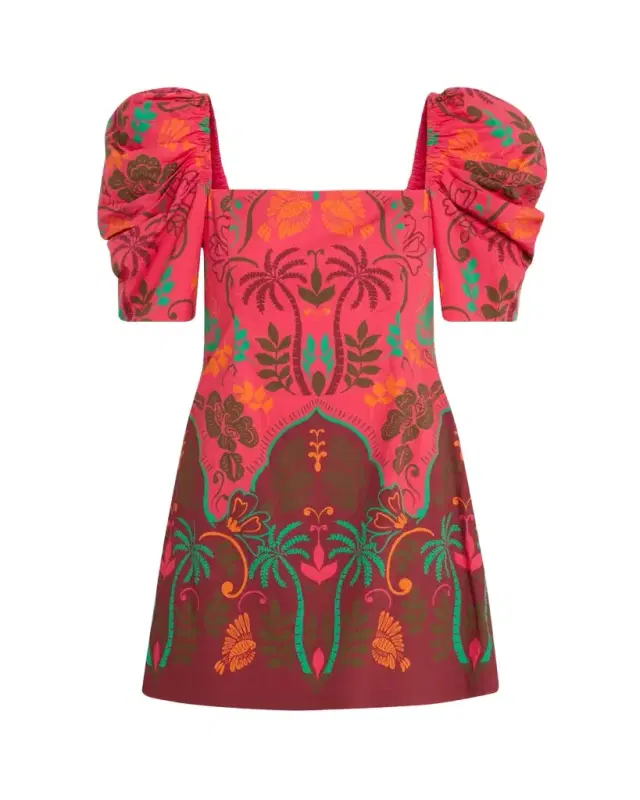 Kelly Blue Tile Print Puff-Sleeve Dress