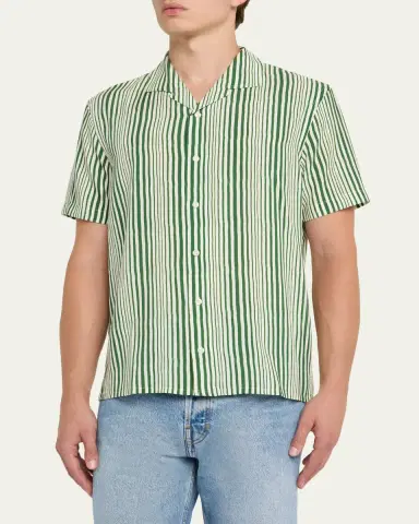 Orlebar Brown Men's Hibbert Lyocell Shore-Stripe Classic Fit Short-Sleeve Shirt | Thumbnail 4 Orlebar Brown Men's Hibbert Lyocell Shore-Stripe Classic Fit Short-Sleeve Shirt | Thumbnail 4
