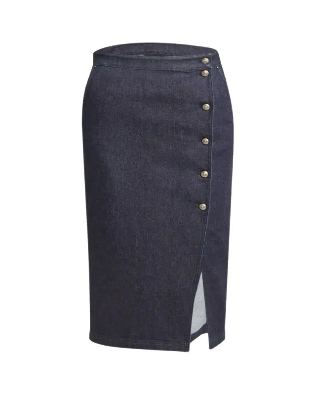 Cotton-Cashmere Denim Button Midi Skirt