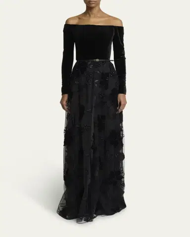 Elie Saab Off-The-Shoulder Velvet Sequined Tulle Gown | Thumbnail 3
