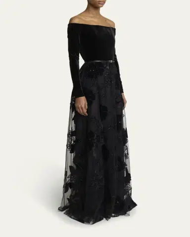 Elie Saab Off-The-Shoulder Velvet Sequined Tulle Gown | Thumbnail 5