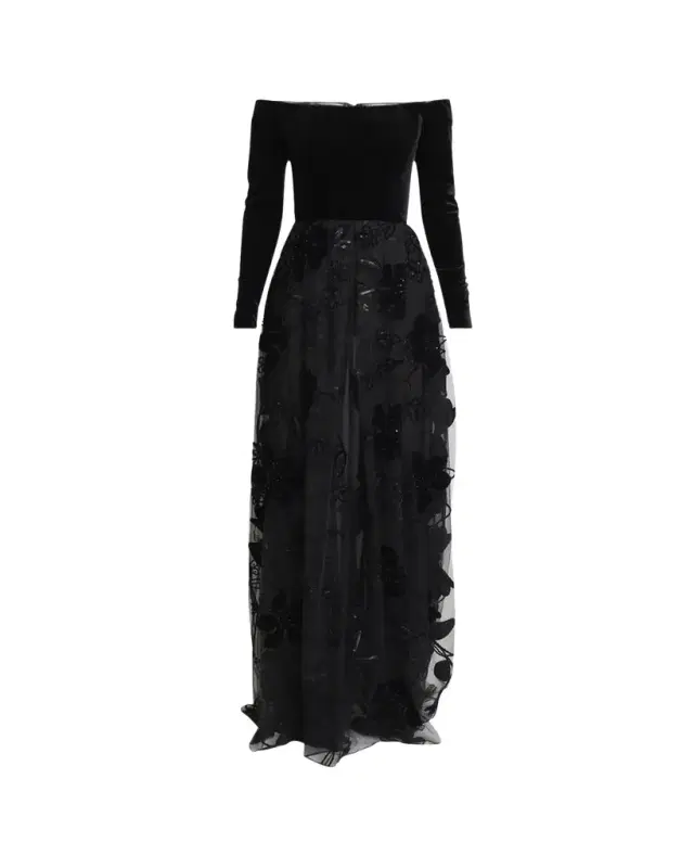 Off-The-Shoulder Velvet Sequined Tulle Gown