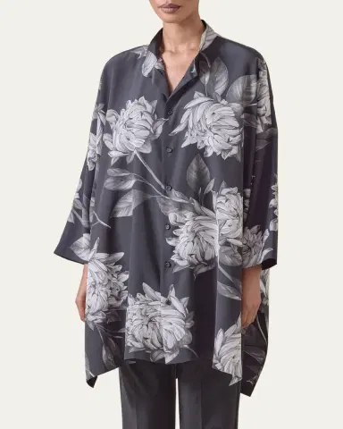 Eskandar Wide Longer-Back Collarless Shirt With Slits (Very Long Length) | Thumbnail 2