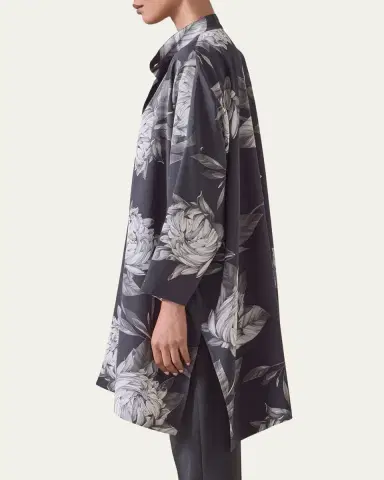Eskandar Wide Longer-Back Collarless Shirt With Slits (Very Long Length) | Thumbnail 4