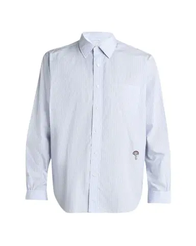 Bottega Veneta Men's Fine Stripe Poplin Shirt with Embroidered Mushroom Patch | Thumbnail 1 Bottega Veneta Men's Fine Stripe Poplin Shirt with Embroidered Mushroom Patch | Thumbnail 1