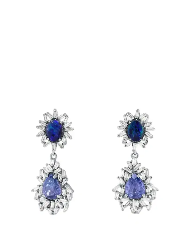 Suzanne Kalan 18K White Gold One Of A Kind Diamond Baguette Drop Earrings with Opals and Blue Sapphires