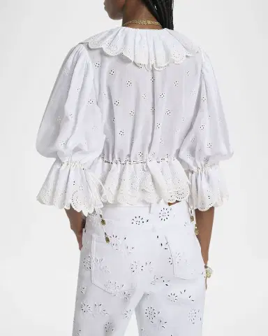 Chloé Eyelet Cotton Ruffle Crop Peasant Blouse | Thumbnail 2 Chloé Eyelet Cotton Ruffle Crop Peasant Blouse | Thumbnail 2