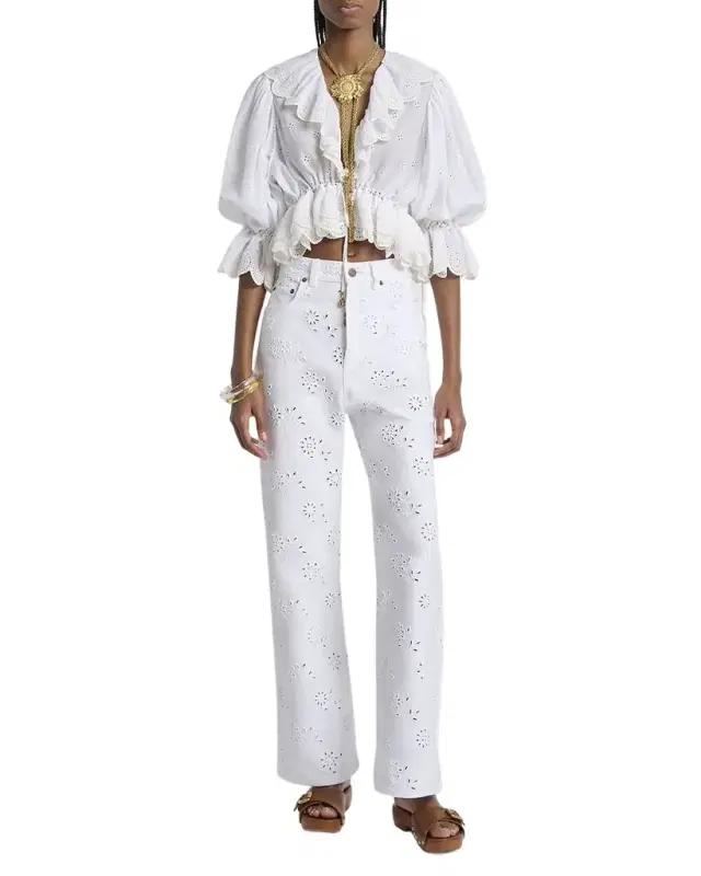 Eyelet Cotton Ruffle Crop Peasant Blouse