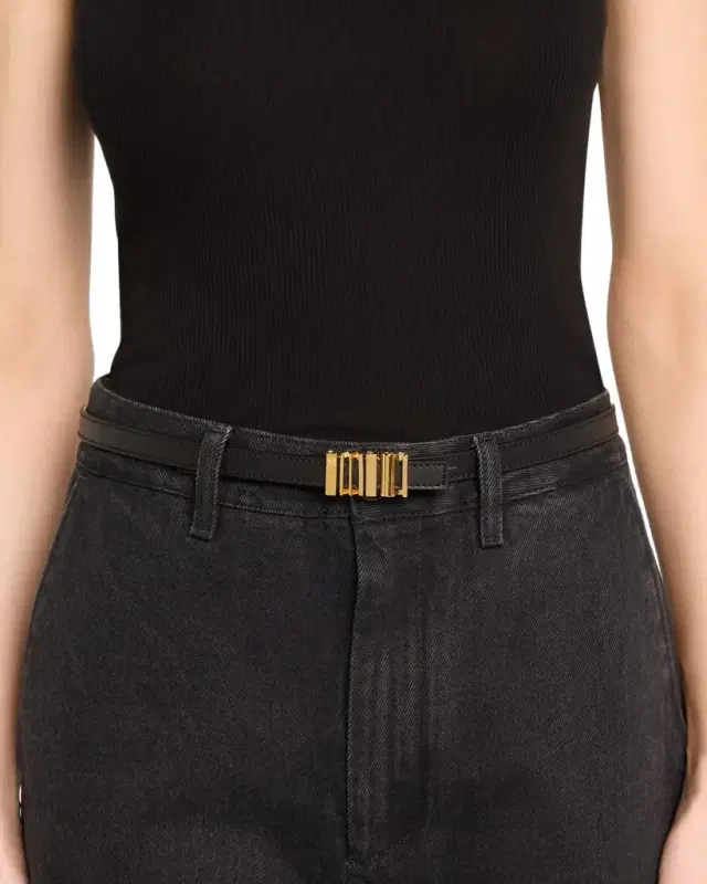 Graphic Buckle Leather Skinny Belt