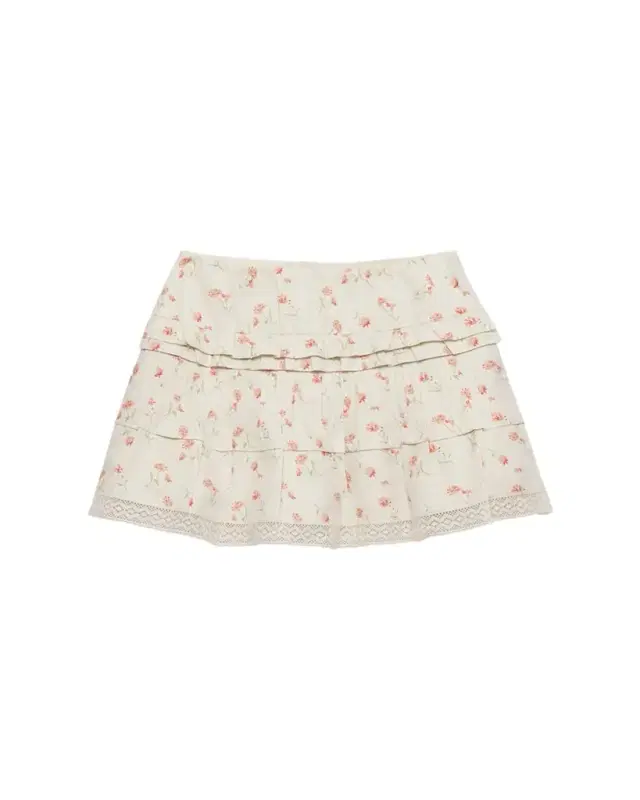 Flower Print Tiered Ruffle Linen Mini Skirt