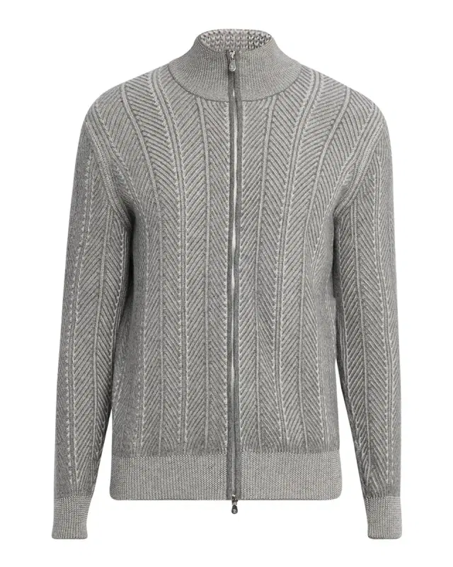 Men 's Cashmere Chevron Full-Zip Sweater