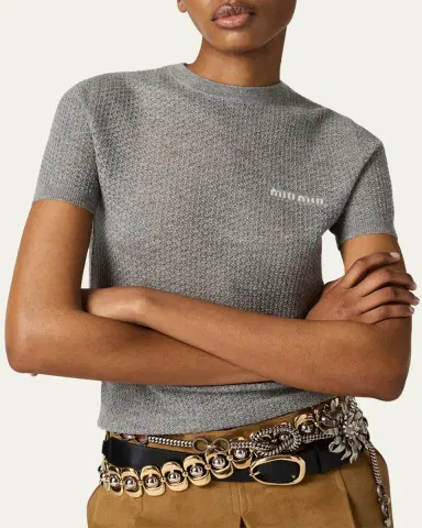 Miu Miu Cashmere Lacy Short-Sleeve Sweater | Thumbnail 3