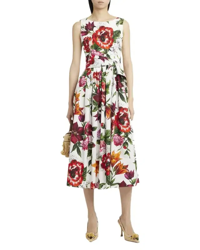 Anemone Floral Pleated Popeline Midi Dress With Belt