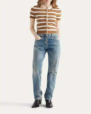 Prada Striped Short-Sleeve Polo Sweater | Thumbnail 2 Prada Striped Short-Sleeve Polo Sweater | Thumbnail 2