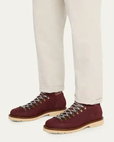 Brunello Cucinelli Men's Nubuck Fabric-Collar Hiking Boots | Thumbnail 2