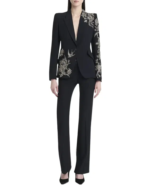 Crystal Embroidered Single-Breasted Blazer Jacket