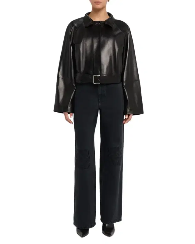 High-Neck Leather Belted Crop Trench Jacket