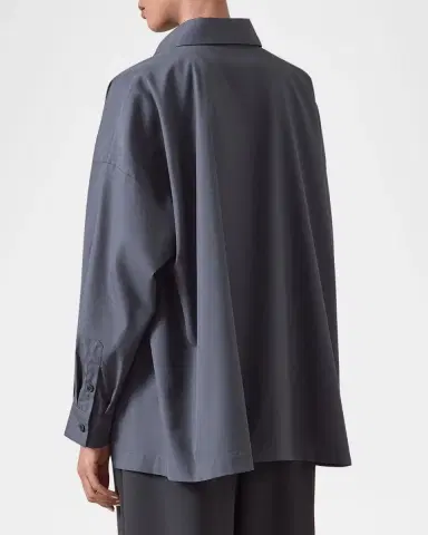 Eskandar Cotton Poplin Angle-To-Front Side Seam Shirt With Collar (Long Length) | Thumbnail 2
