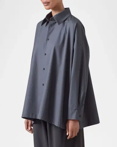 Eskandar Cotton Poplin Angle-To-Front Side Seam Shirt With Collar (Long Length) | Thumbnail 3