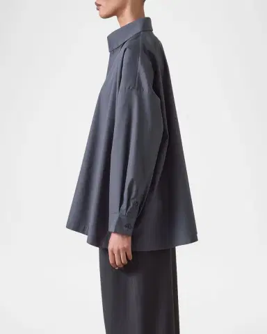Eskandar Cotton Poplin Angle-To-Front Side Seam Shirt With Collar (Long Length) | Thumbnail 4