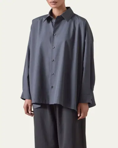 Eskandar Cotton Poplin Angle-To-Front Side Seam Shirt With Collar (Long Length) | Thumbnail 6