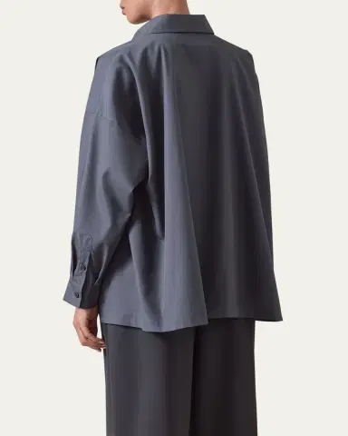 Eskandar Cotton Poplin Angle-To-Front Side Seam Shirt With Collar (Long Length) | Thumbnail 7