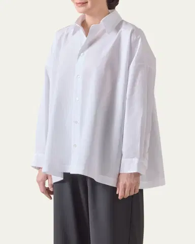 Eskandar Cotton Poplin Angle-To-Front Side Seam Shirt With Collar (Long Length) | Thumbnail 9
