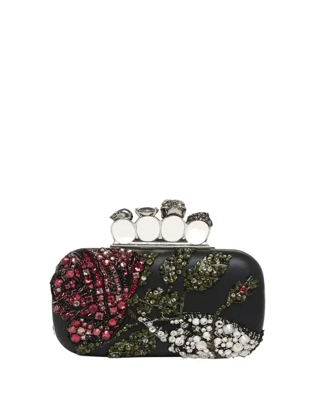 McQueen Bead & Crystal Flower Skull Four Ring Clutch Bag