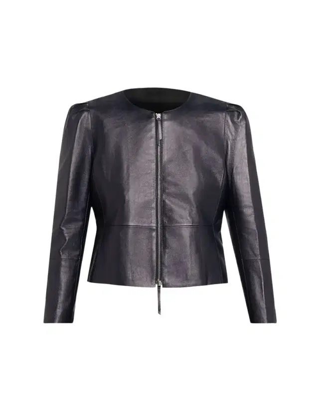 x The Morning Show Puff-Shoulder Leather Jacket