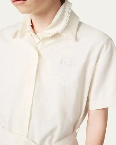 Miu Miu Batista Floral Embroidered Short-Sleeve Belted Maxi Shirtdress | Thumbnail 3