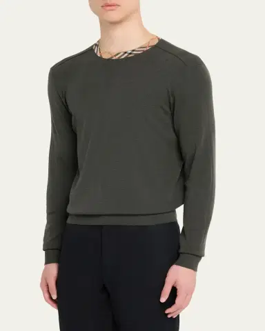 Burberry Men's Wool Knit Check-Trim Crewneck Sweater | Thumbnail 4