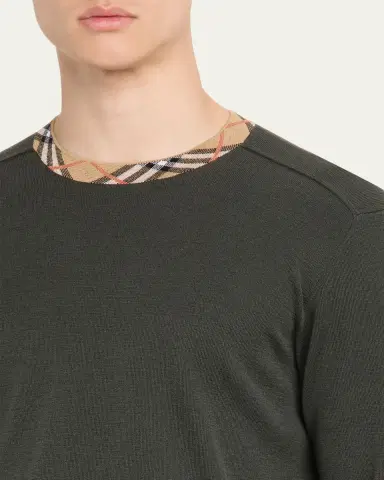 Burberry Men's Wool Knit Check-Trim Crewneck Sweater | Thumbnail 5