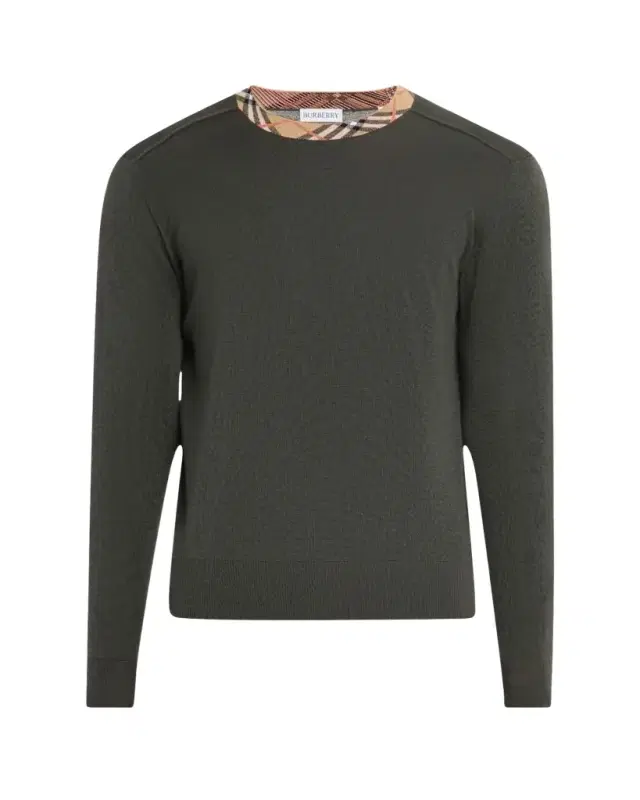Men's Wool Knit Check-Trim Crewneck Sweater