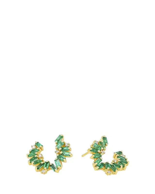 18K Yellow Gold Bold Burst Emerald Sideways Mini Hoop Earrings